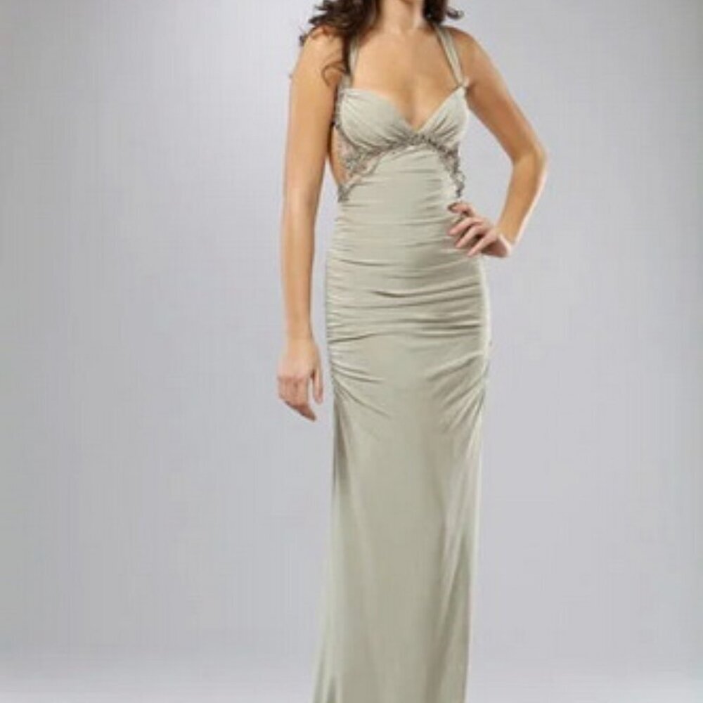 Mignon Dew Green Beaded Rhinestone Illusion Jersey Gown Size